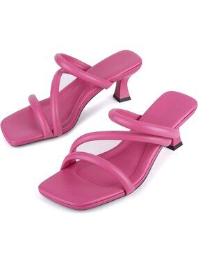 Women's Pink Square Toe Kitten Heel Sandals Comfortable Open Toe Shoes Low Heel
